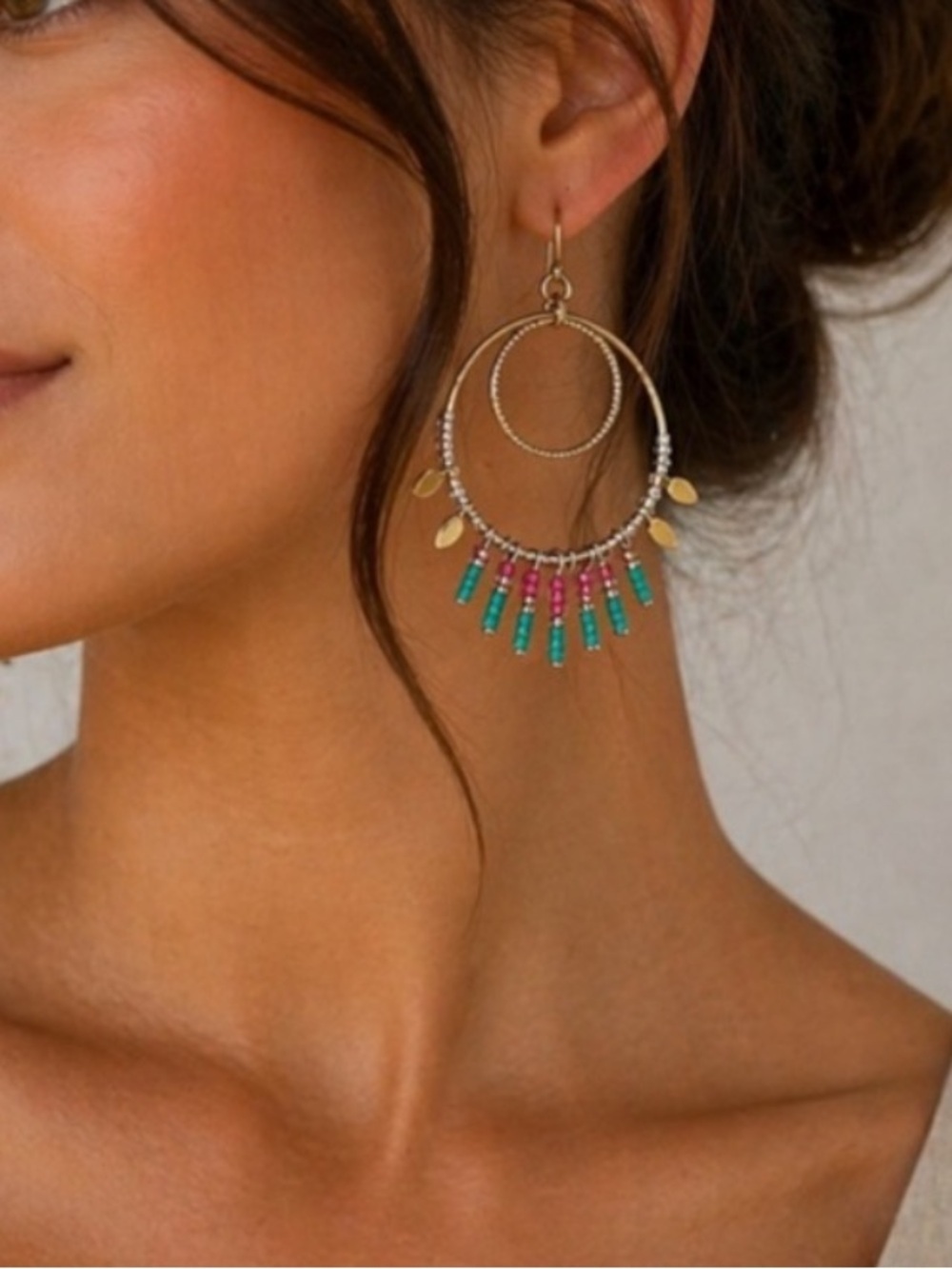 Express Gold Hoop Earrings with Pink and Turquoise Beads